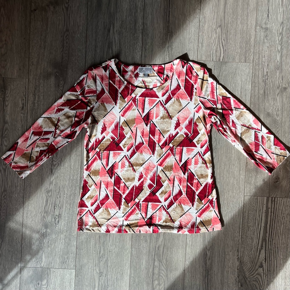 JM Collection Women’s Petite Medium Abstract Blouse Raised Detailing Red Salmon